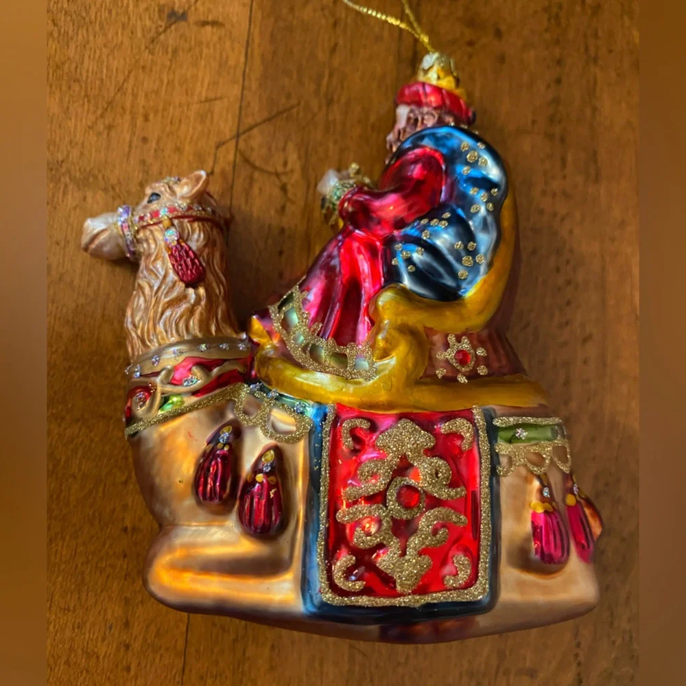 Christmas Tree Glass Ornaments Wise Man on Camel and Country Church Lot of 2